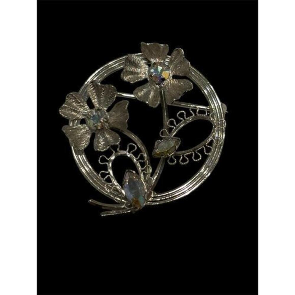 Vtg MCM Star Art Sterling Silver Aurora Borealis Flower Brooch 925